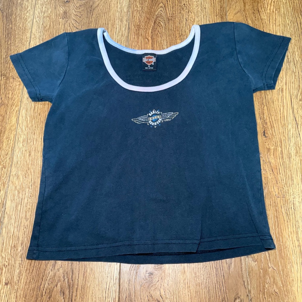 VTG 1995 Harley Davidson Rules Womens XL Baby‎ Tee Houston TX Ringer Shirt USA